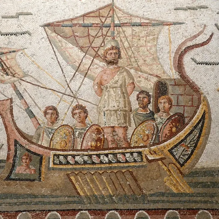 Roman mosaic of Ulysses tied to the mast of his ship, sailing past the Sirens